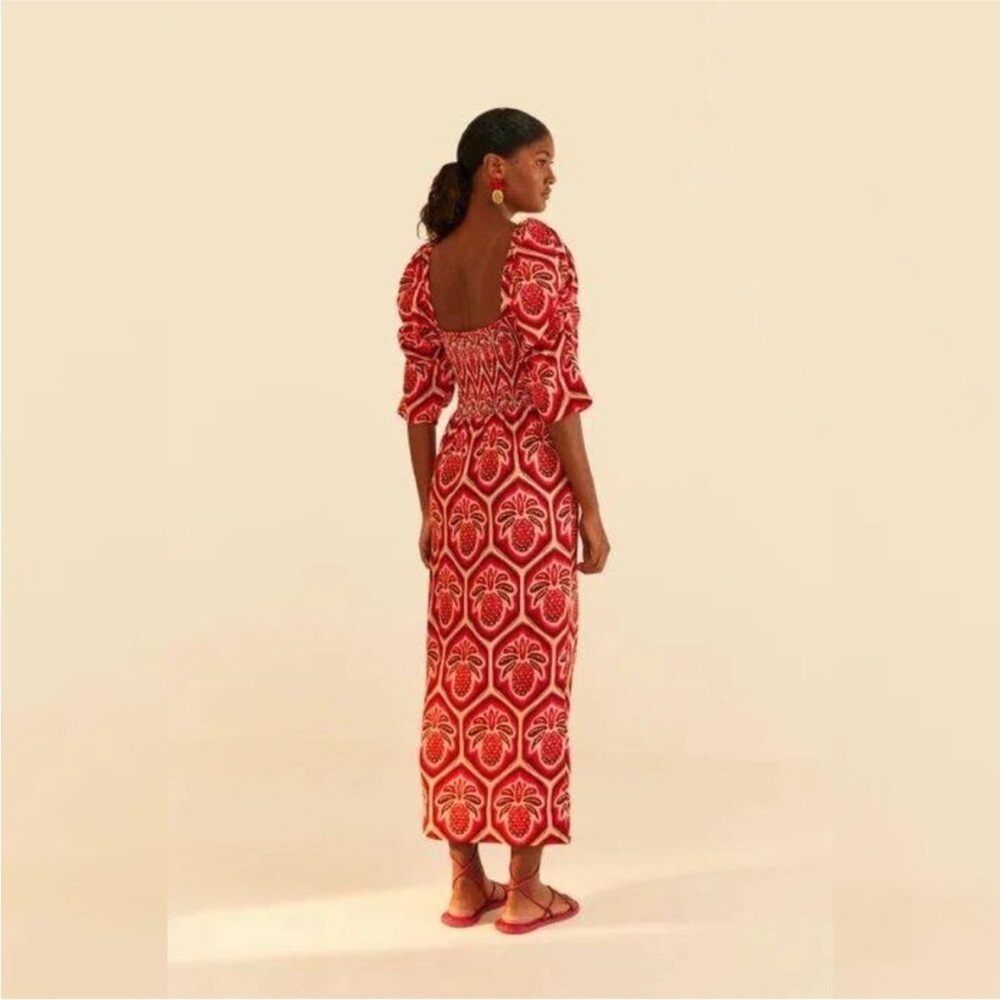 Farm Rio Ceramic Pineapple Linen Maxi Dress Off The Shoulder Puff Sleeve Ruched - Picture 2 of 7
